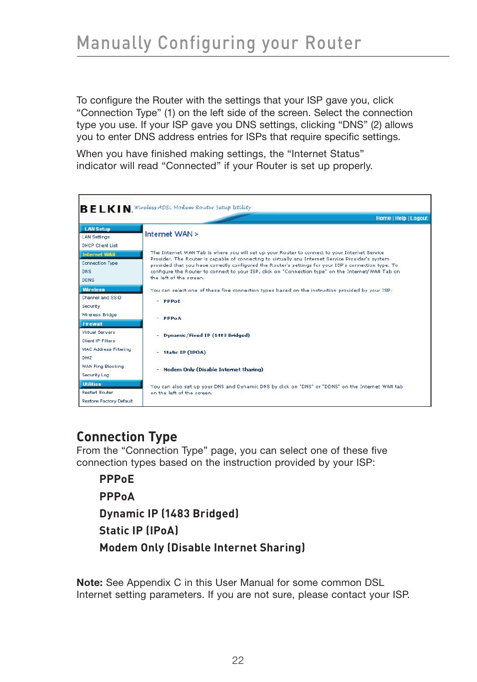 Manually configuring your router, Connection type | Belkin F5D7632uk4v3000 User Manual | Page 22 / 108