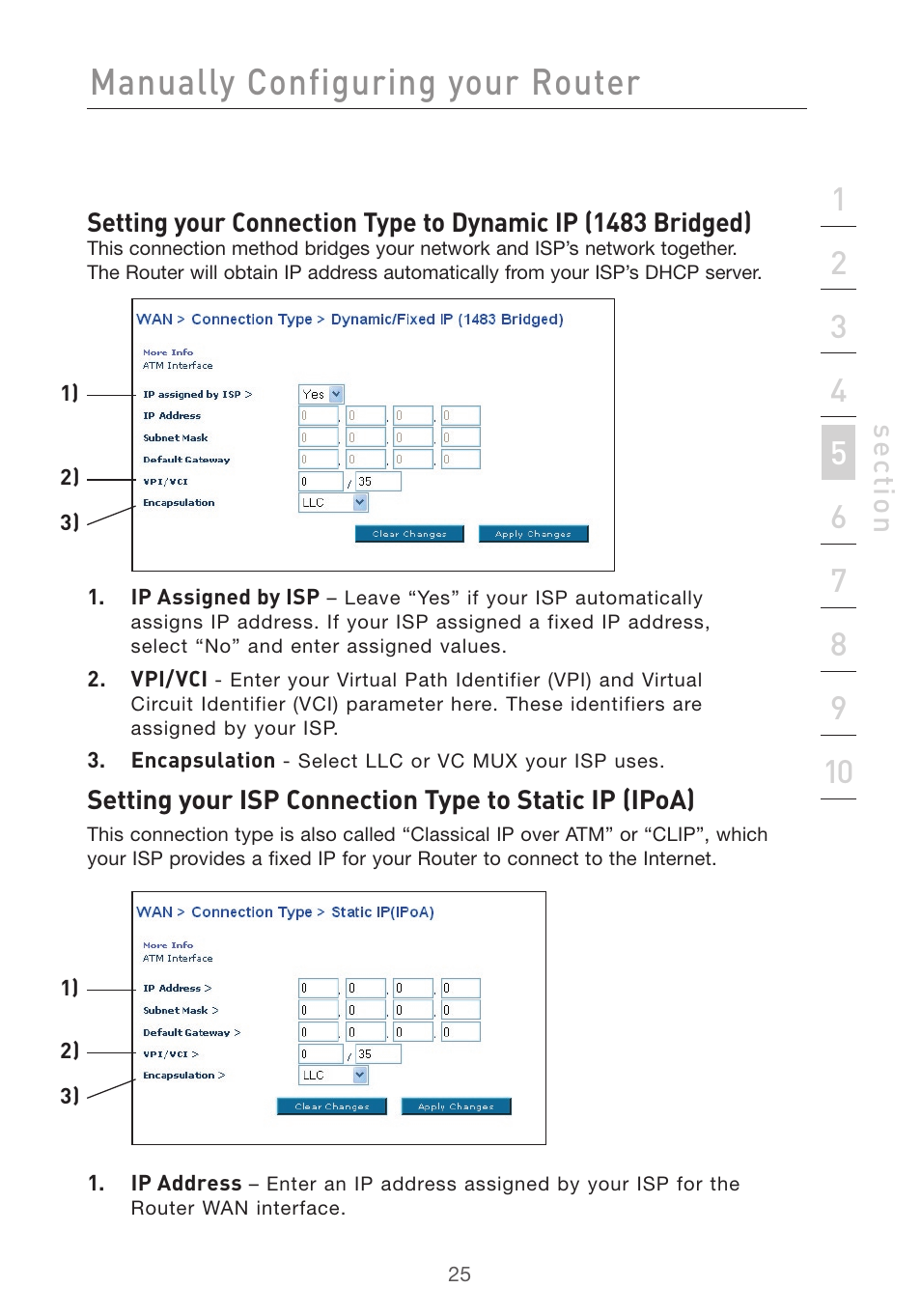 Manually configuring your router, Se ct io n | Belkin F5D7632uk4v3000 User Manual | Page 25 / 108