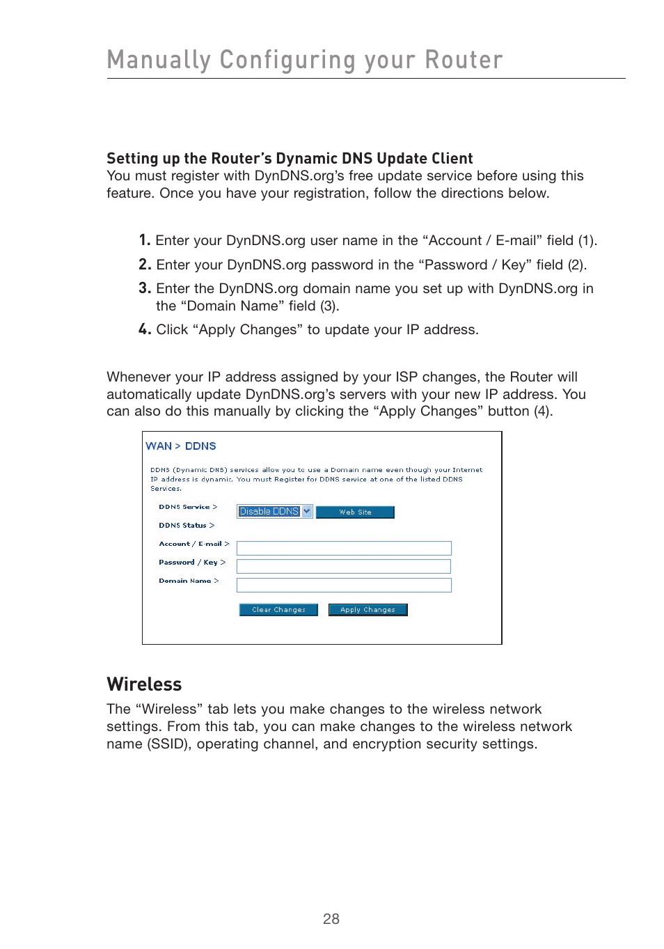 Manually configuring your router, Wireless | Belkin F5D7632uk4v3000 User Manual | Page 28 / 108