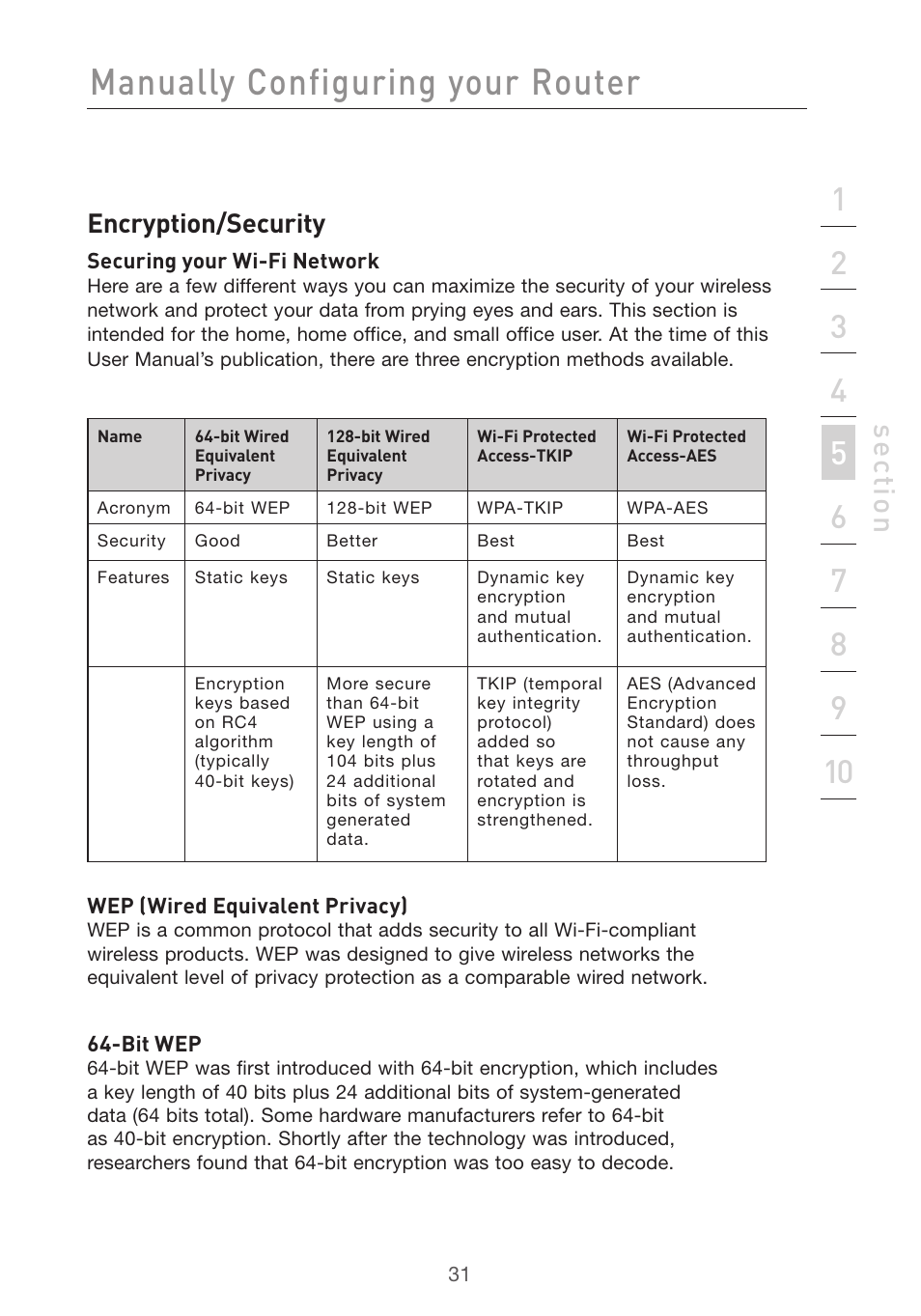 Manually configuring your router, Se ct io n, Encryption/security | Belkin F5D7632uk4v3000 User Manual | Page 31 / 108