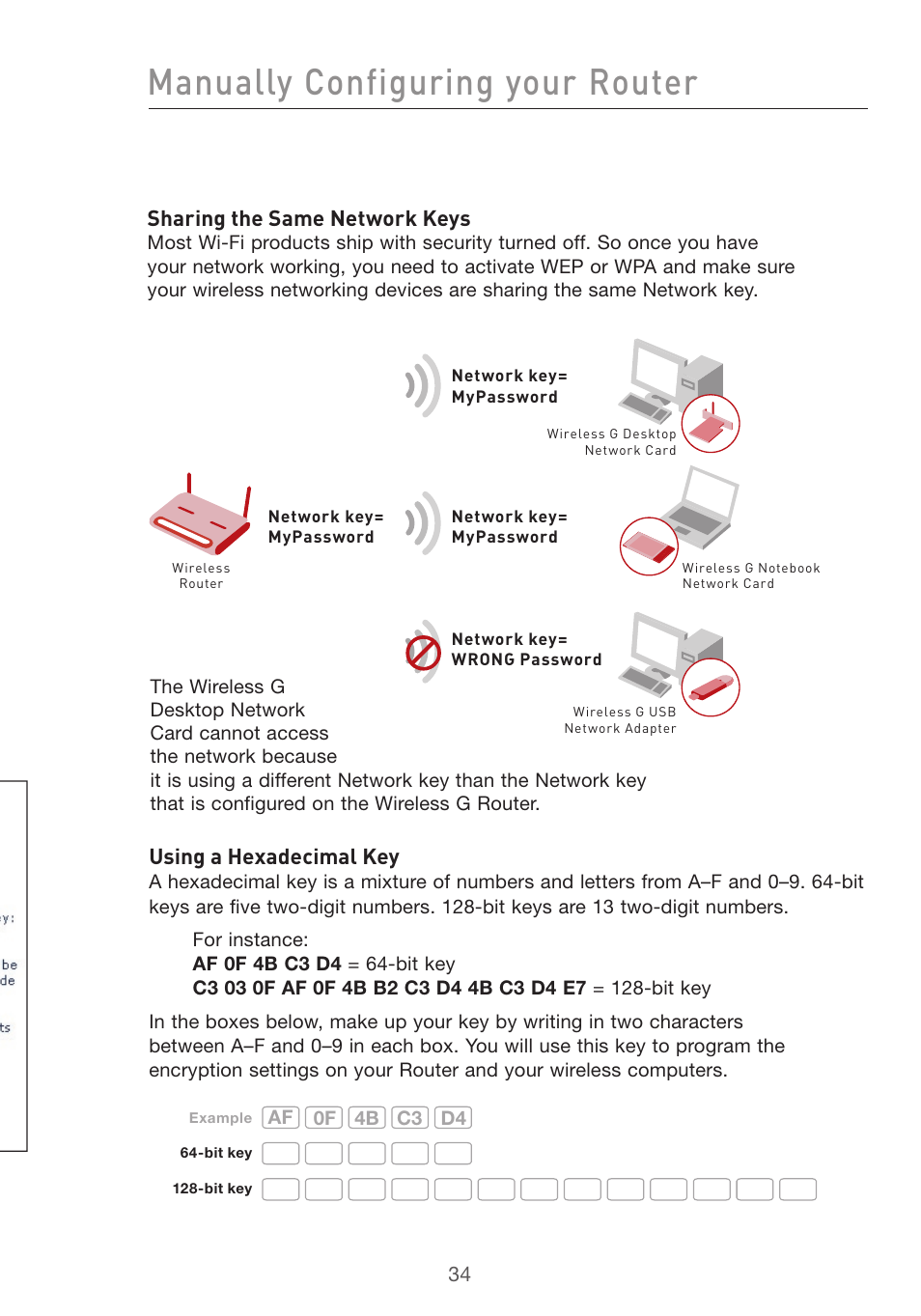 Manually configuring your router, Sharing the same network keys, Using a hexadecimal key | Belkin F5D7632uk4v3000 User Manual | Page 34 / 108