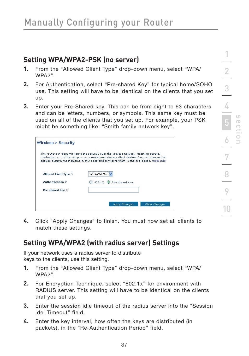 Manually configuring your router, Se ct io n | Belkin F5D7632uk4v3000 User Manual | Page 37 / 108