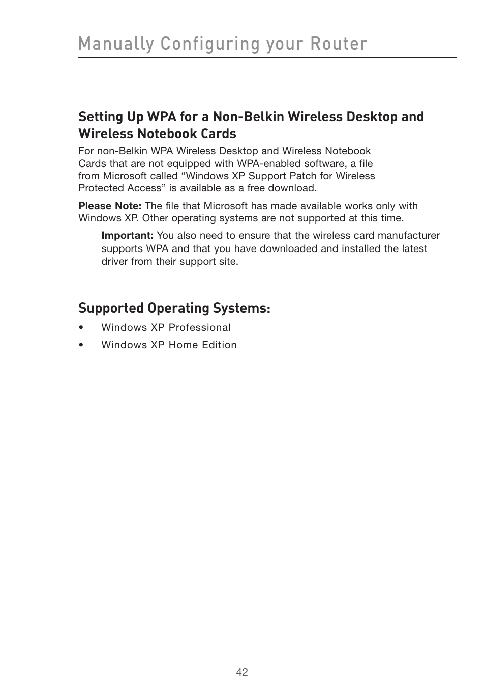 Manually configuring your router, Supported operating systems | Belkin F5D7632uk4v3000 User Manual | Page 42 / 108