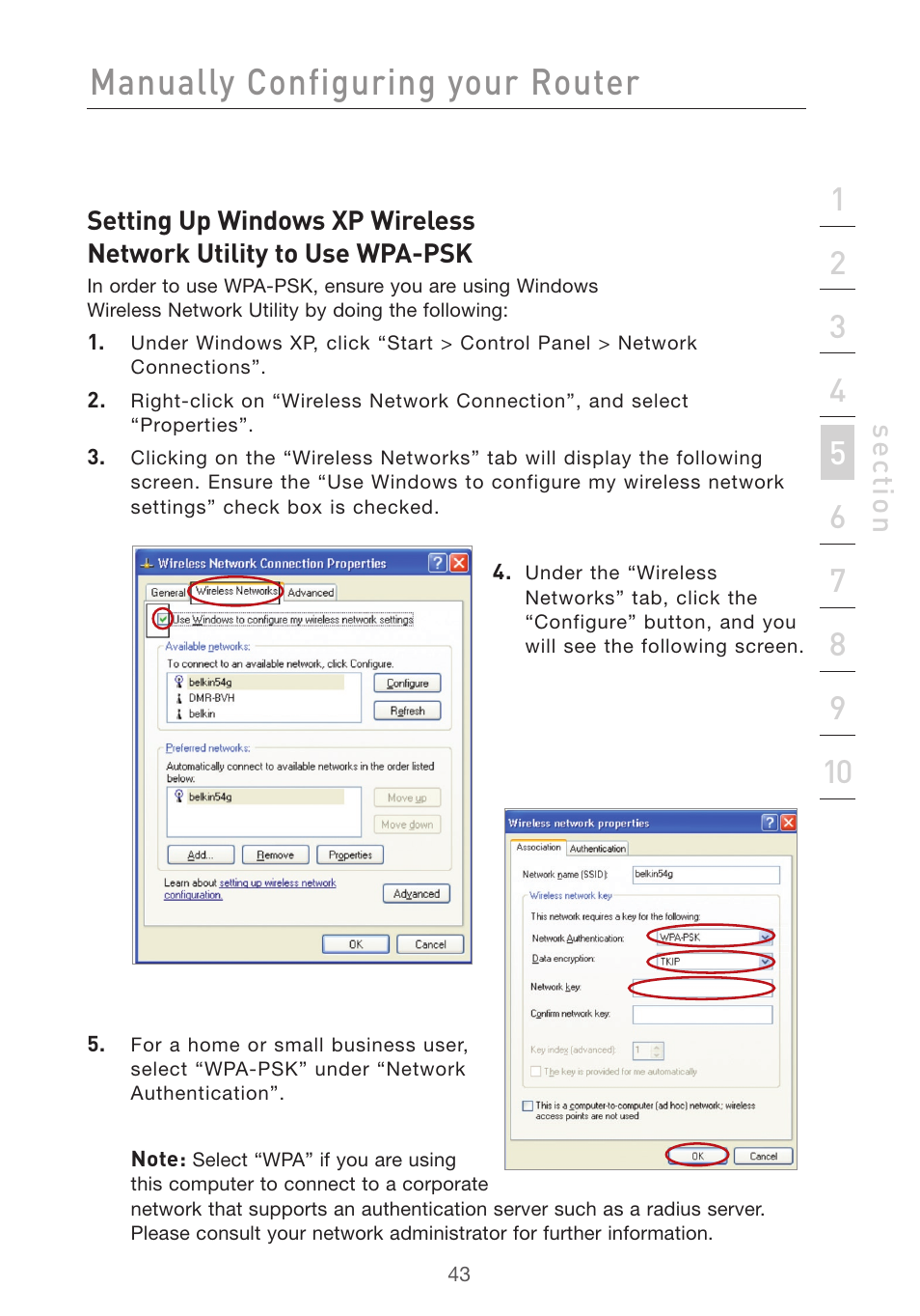 Manually configuring your router, Se ct io n | Belkin F5D7632uk4v3000 User Manual | Page 43 / 108