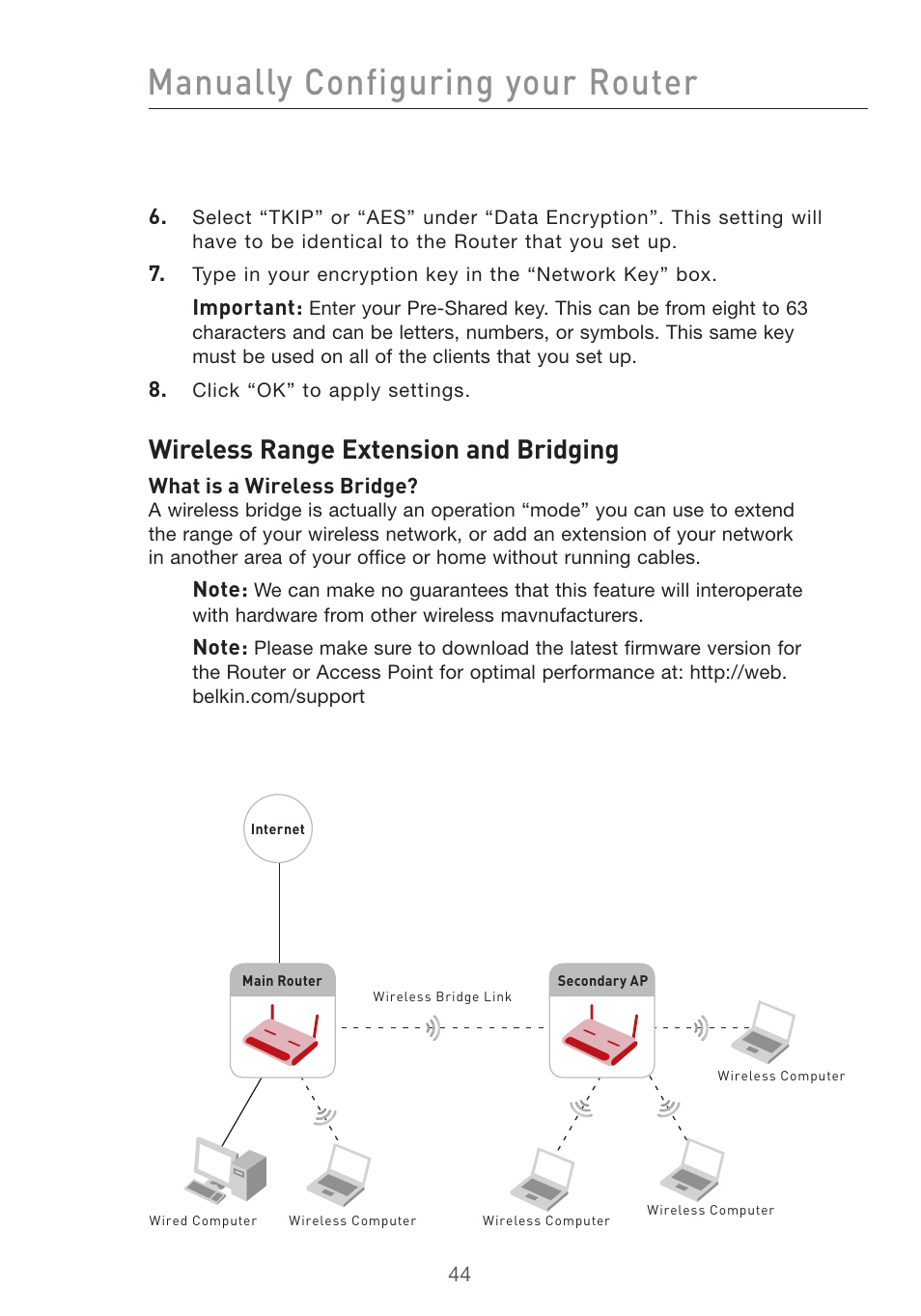 Manually configuring your router, Wireless range extension and bridging | Belkin F5D7632uk4v3000 User Manual | Page 44 / 108