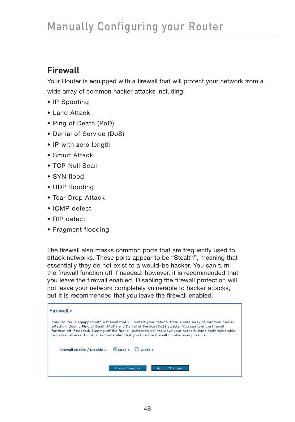 Manually configuring your router, Firewall | Belkin F5D7632uk4v3000 User Manual | Page 48 / 108