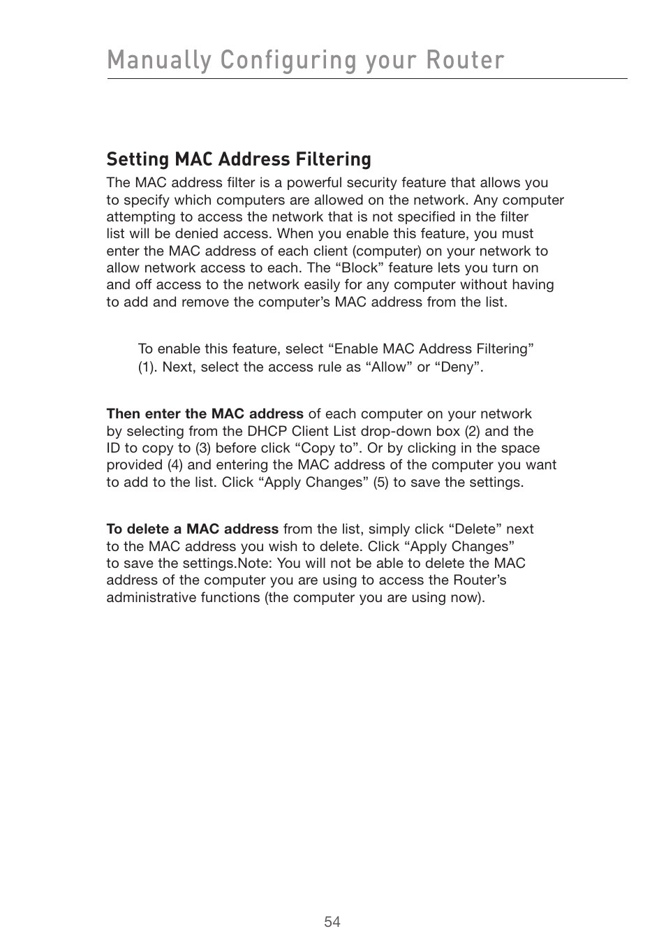 Manually configuring your router, Setting mac address filtering | Belkin F5D7632uk4v3000 User Manual | Page 54 / 108