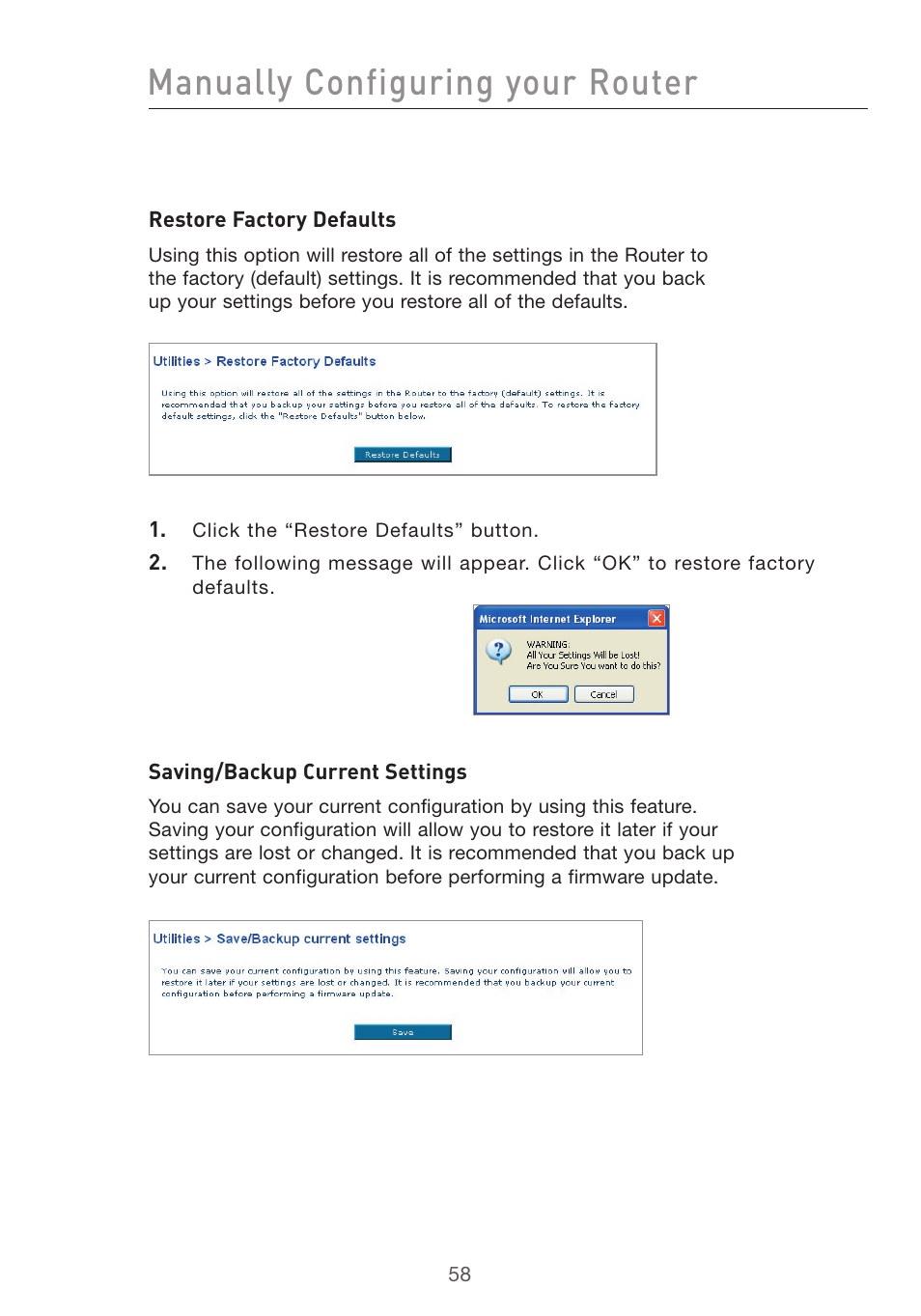 Manually configuring your router | Belkin F5D7632uk4v3000 User Manual | Page 58 / 108