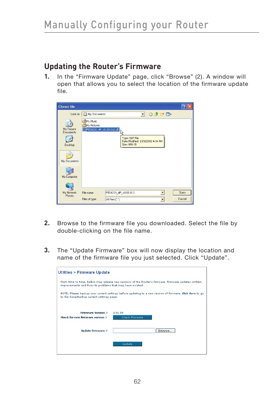 Manually configuring your router, Updating the router’s firmware | Belkin F5D7632uk4v3000 User Manual | Page 62 / 108