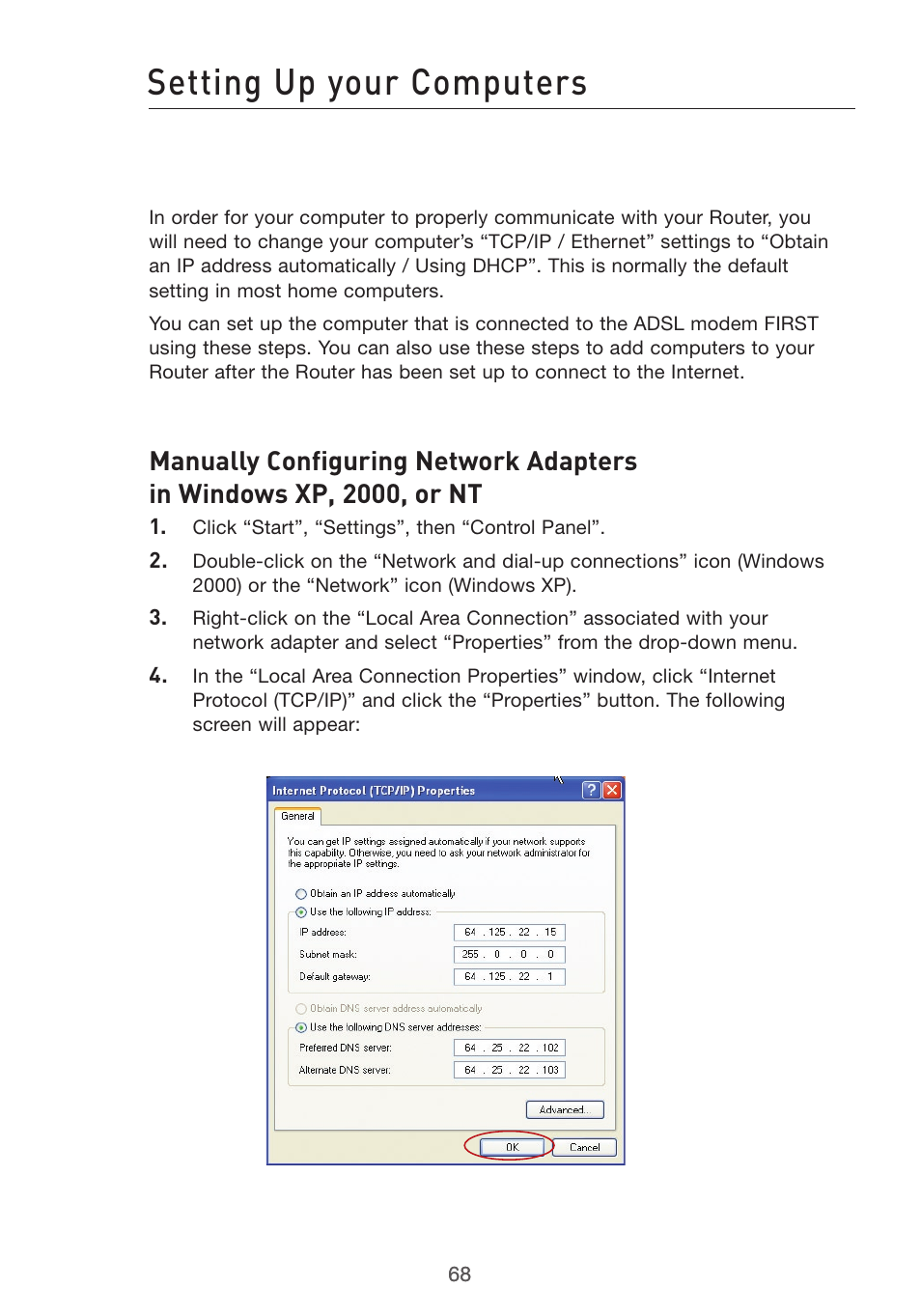 Setting up your computers | Belkin F5D7632uk4v3000 User Manual | Page 68 / 108