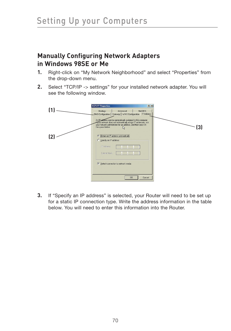 Setting up your computers | Belkin F5D7632uk4v3000 User Manual | Page 70 / 108