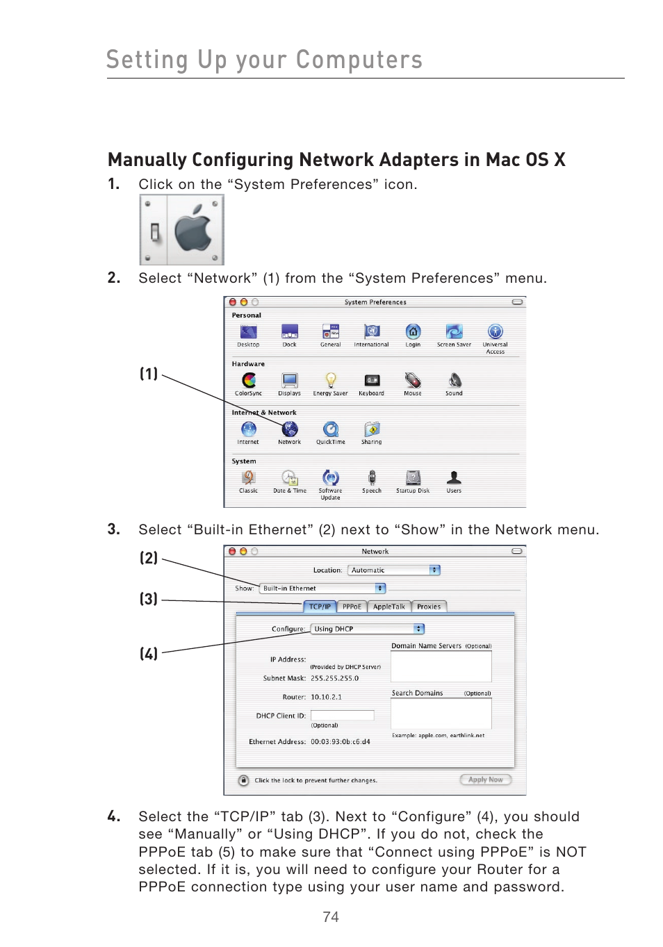 Setting up your computers, Manually configuring network adapters in mac os x | Belkin F5D7632uk4v3000 User Manual | Page 74 / 108