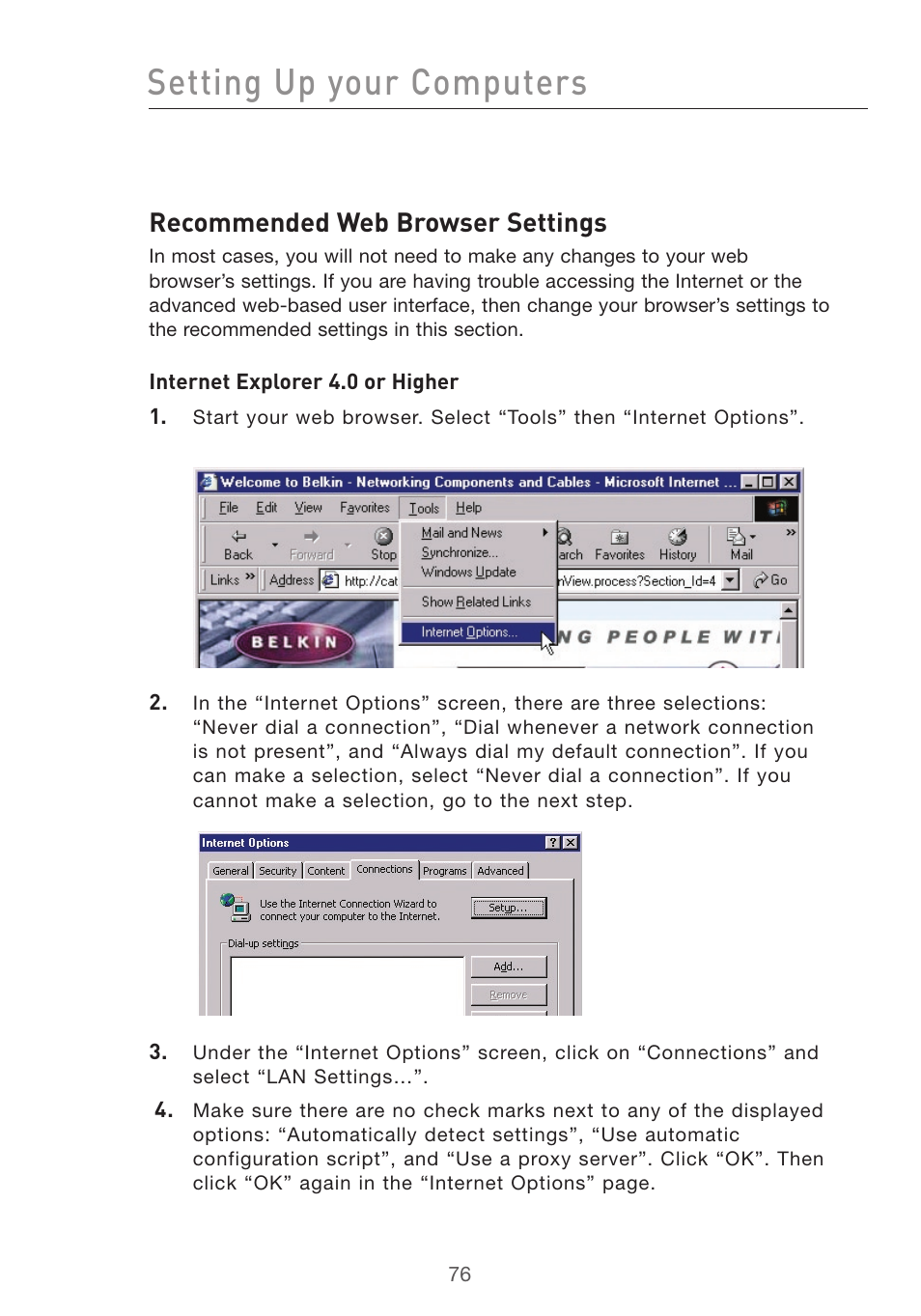 Setting up your computers, Recommended web browser settings | Belkin F5D7632uk4v3000 User Manual | Page 76 / 108