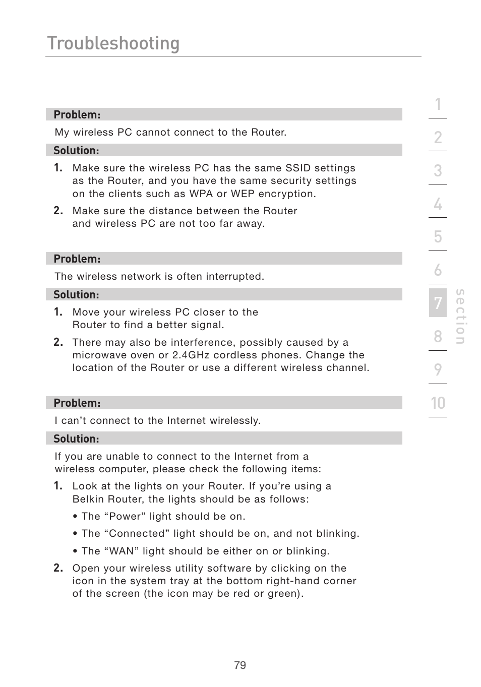 Troubleshooting, Se ct io n | Belkin F5D7632uk4v3000 User Manual | Page 79 / 108