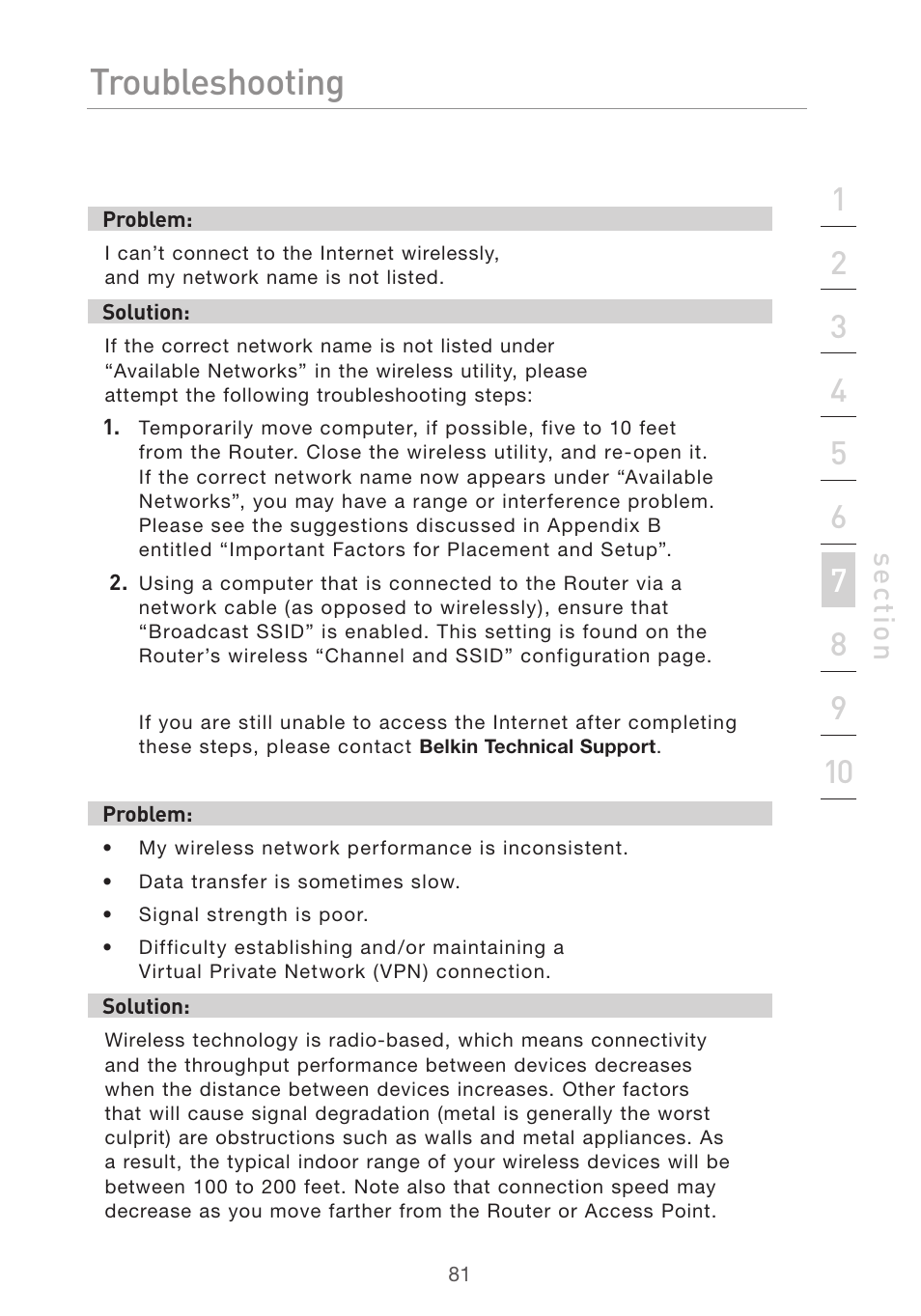 Troubleshooting, Se ct io n | Belkin F5D7632uk4v3000 User Manual | Page 81 / 108