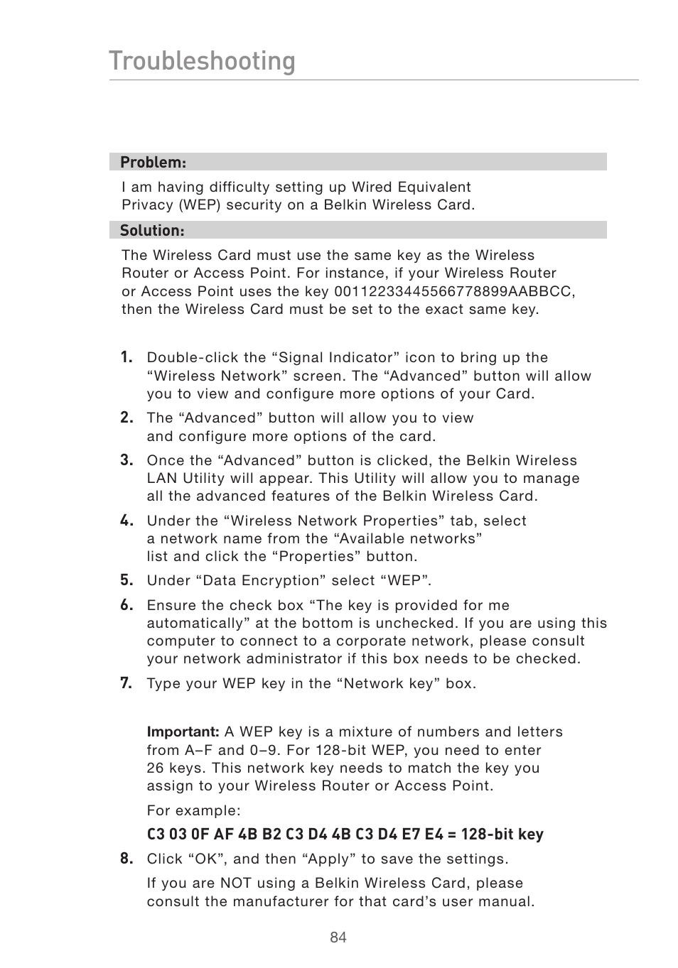 Troubleshooting | Belkin F5D7632uk4v3000 User Manual | Page 84 / 108