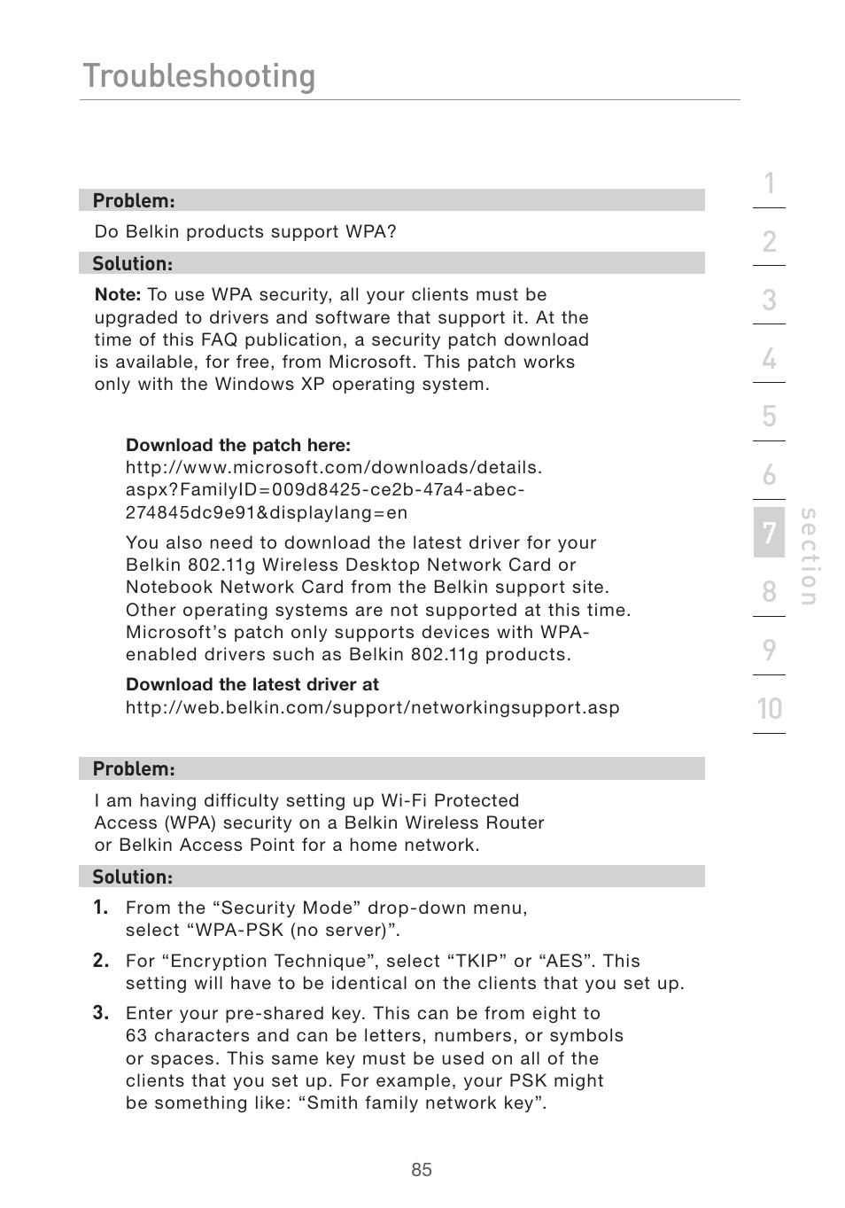 Troubleshooting, Se ct io n | Belkin F5D7632uk4v3000 User Manual | Page 85 / 108