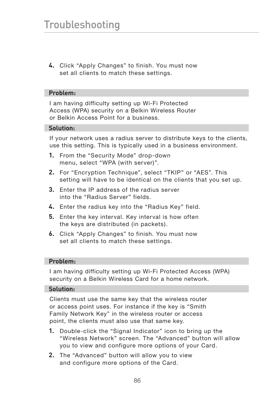 Troubleshooting | Belkin F5D7632uk4v3000 User Manual | Page 86 / 108