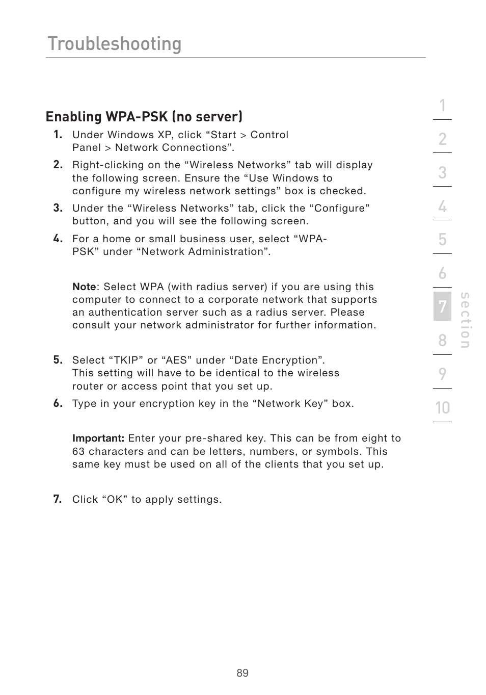 Troubleshooting, Se ct io n | Belkin F5D7632uk4v3000 User Manual | Page 89 / 108