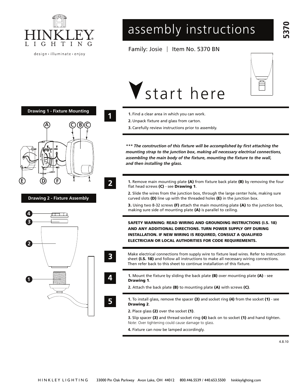 Hinkley Lighting JOSIE 5370 User Manual | 2 pages