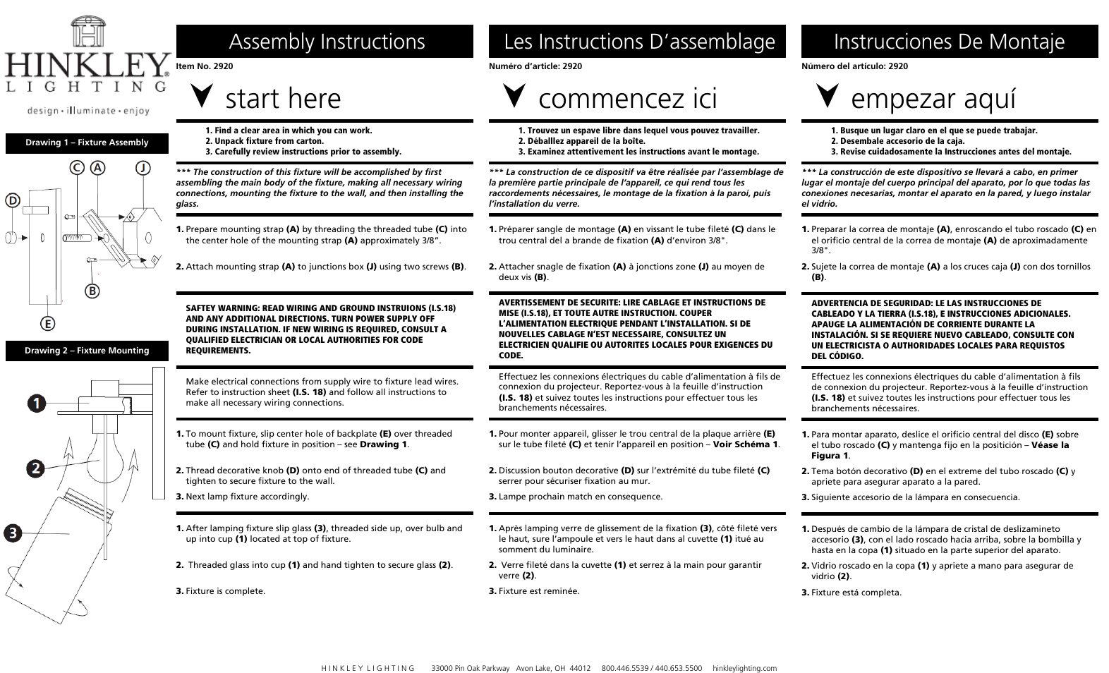 Hinkley Lighting COLFAX 2920 User Manual | 3 pages