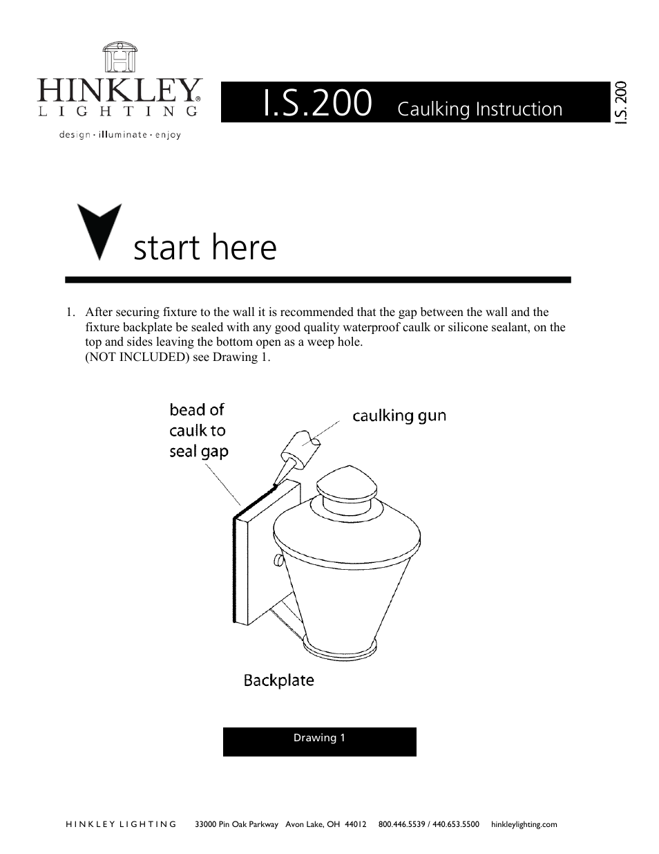 I.s.200, Start here, Caulking instruction | Hinkley Lighting MONTAUK 1205 User Manual | Page 3 / 3