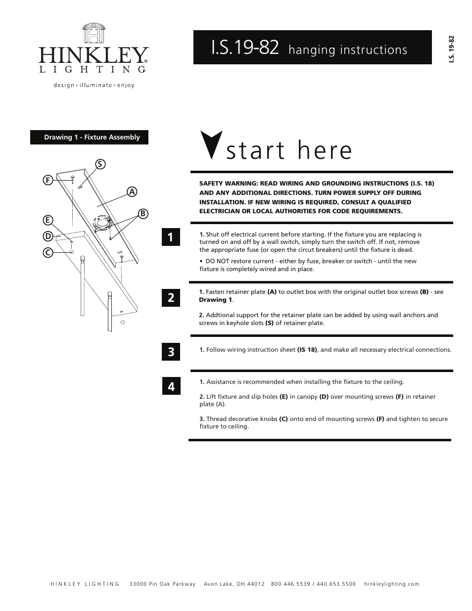 Start here, I.s.19-82, Hanging instructions | Hinkley Lighting SPLENDOR 4924BN User Manual | Page 2 / 3