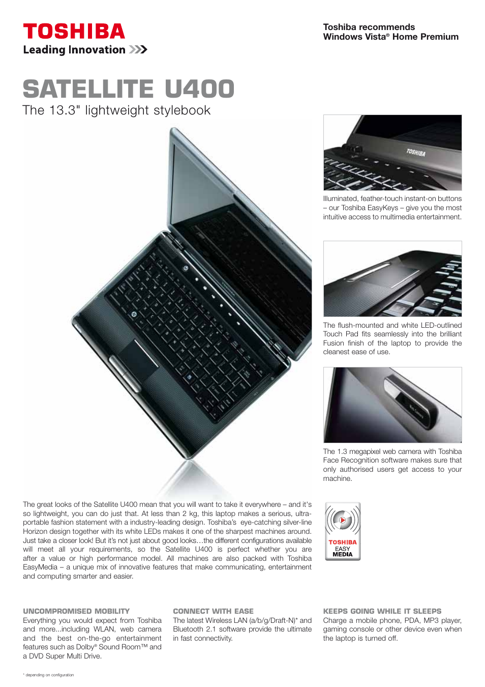 Toshiba SATELLITE U400 User Manual | 2 pages
