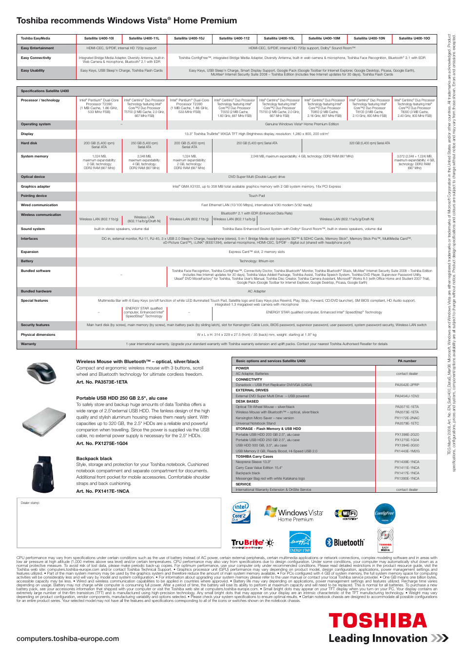 Toshiba recommends windows vista, Home premium | Toshiba SATELLITE U400 User Manual | Page 2 / 2