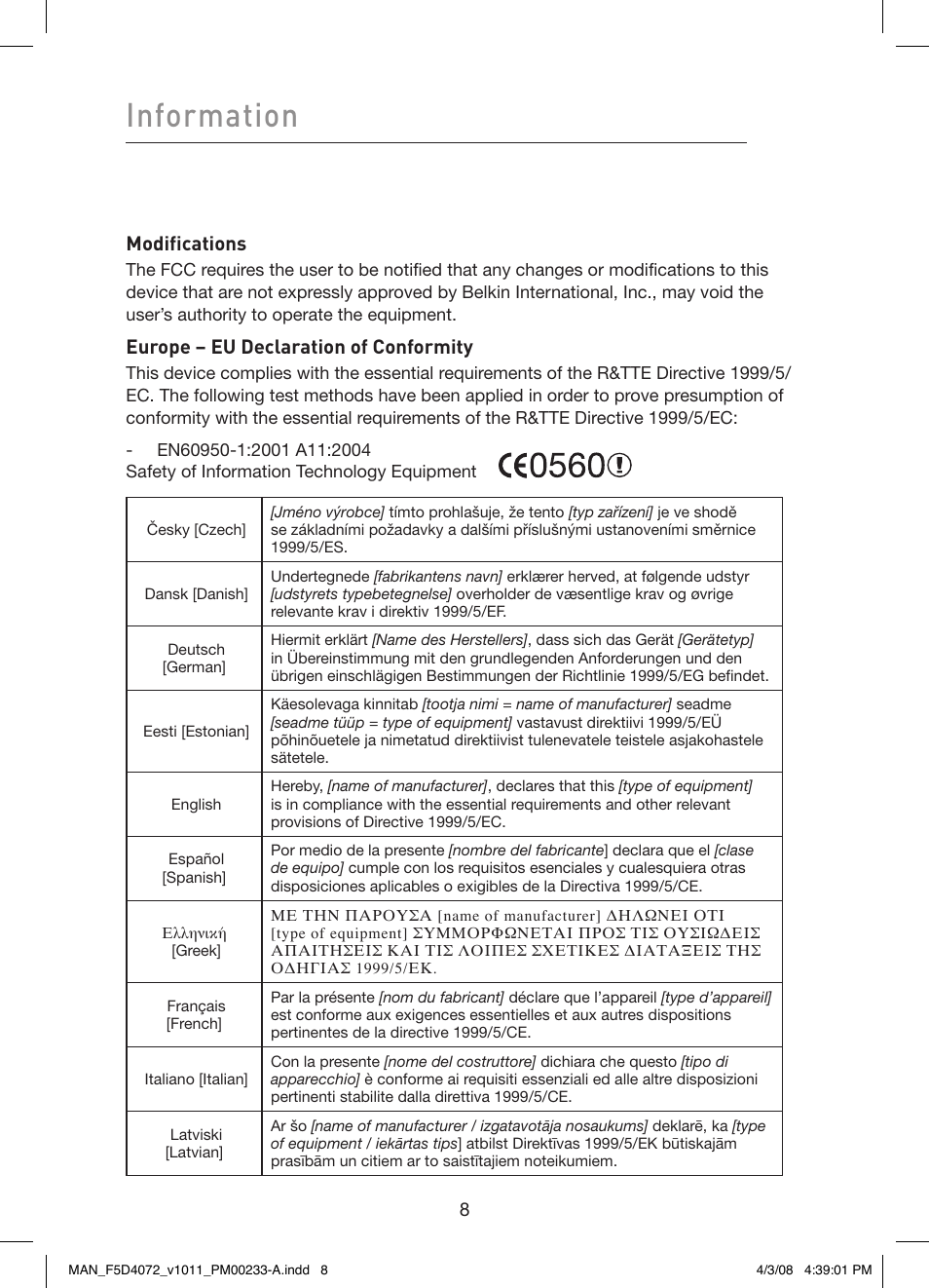 Information, Modifications, Europe – eu declaration of conformity | Belkin F5D4072 User Manual | Page 10 / 14