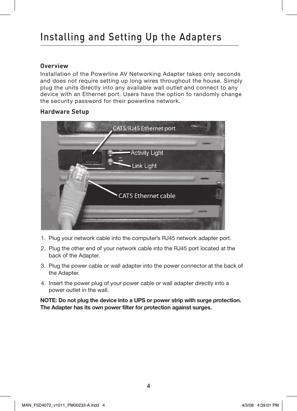 Installing and setting up the adapters | Belkin F5D4072 User Manual | Page 6 / 14