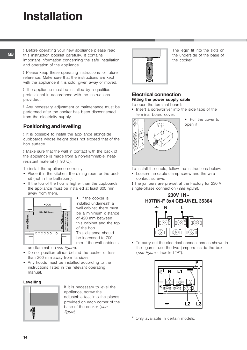 Installation, Positioning and levelling, Electrical connection | Hotpoint Ariston CE 6V M3 R/HA User Manual | Page 14 / 48