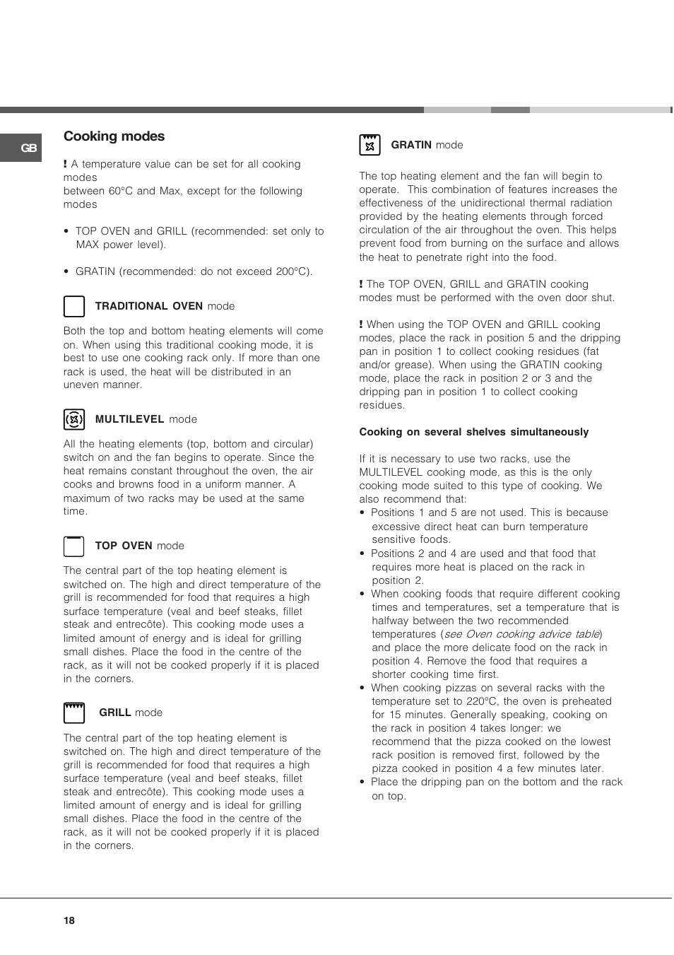 Cooking modes | Hotpoint Ariston CE 6V M3 R/HA User Manual | Page 18 / 48