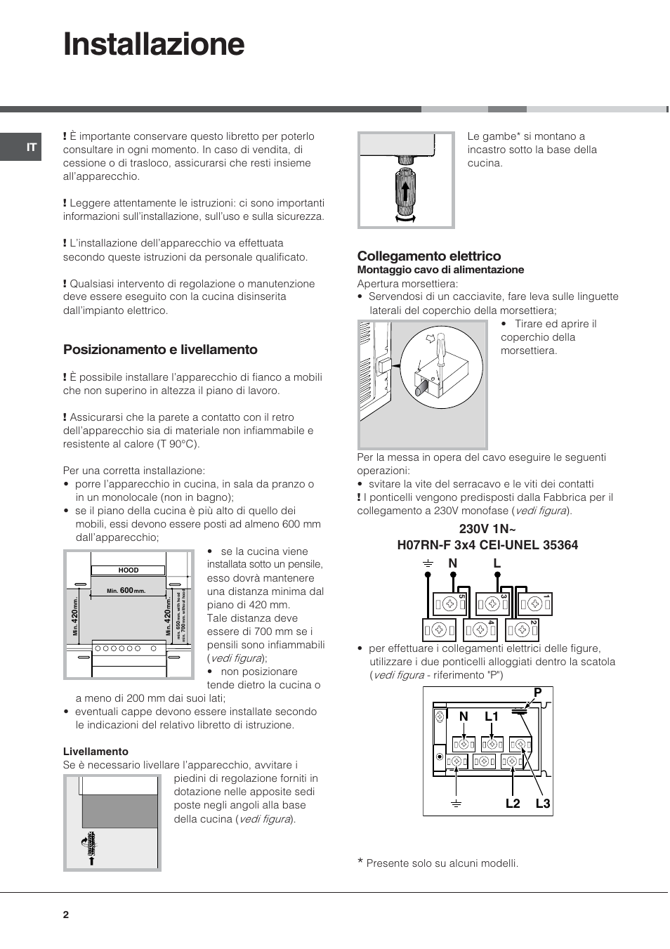 Installazione, Posizionamento e livellamento, Collegamento elettrico | Nl2 l1 l3 p | Hotpoint Ariston CE 6V M3 R/HA User Manual | Page 2 / 48