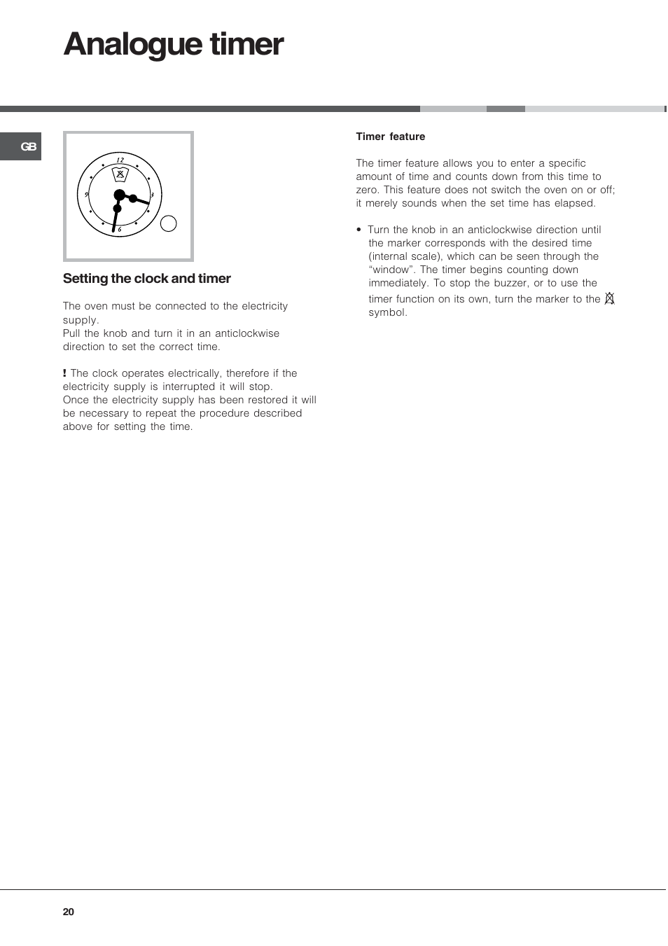 Analogue timer | Hotpoint Ariston CE 6V M3 R/HA User Manual | Page 20 / 48