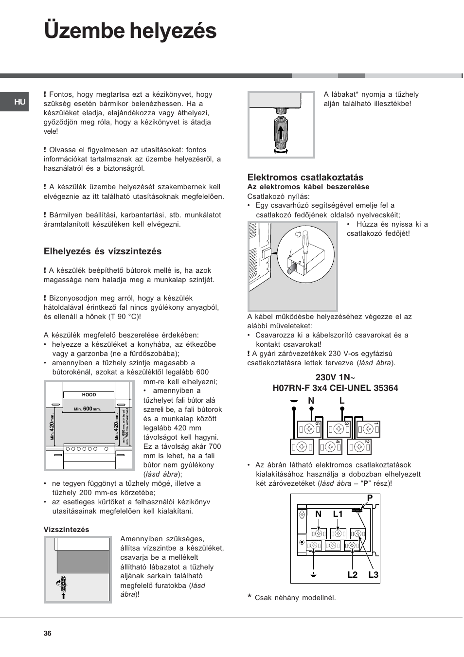Üzembe helyezés, Elhelyezés és vízszintezés, Elektromos csatlakoztatás | Hotpoint Ariston CE 6V M3 R/HA User Manual | Page 36 / 48