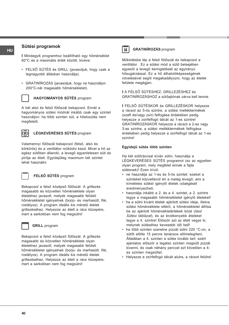 Sütési programok | Hotpoint Ariston CE 6V M3 R/HA User Manual | Page 40 / 48