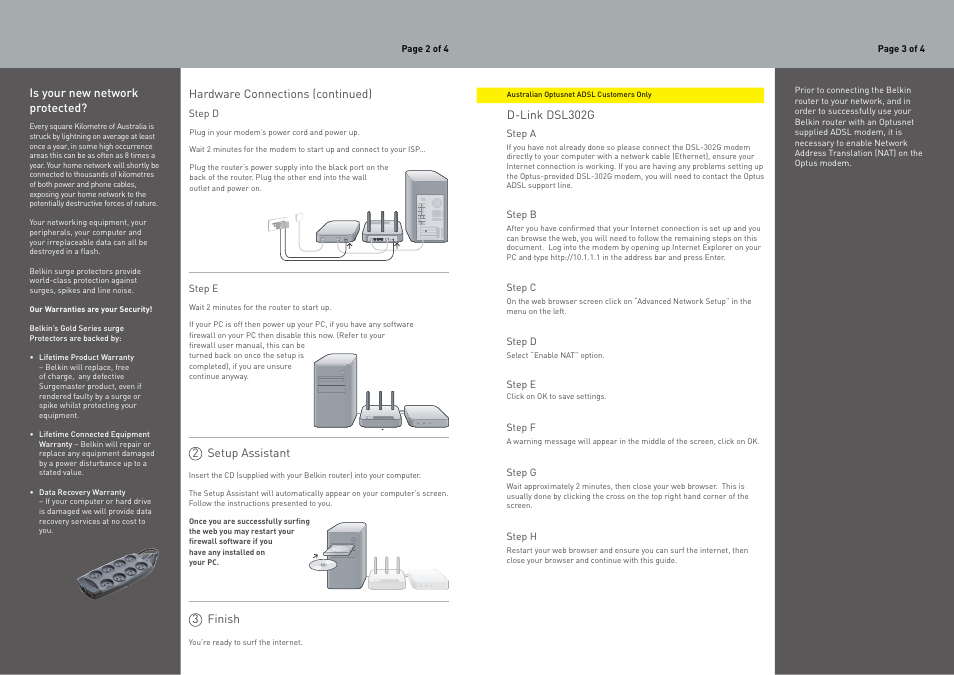 Hardware connections (continued), 2 setup assistant, 3 finish is your new network protected | D-link dsl302g | Belkin SPEEDSTREAM 4200 User Manual | Page 2 / 2