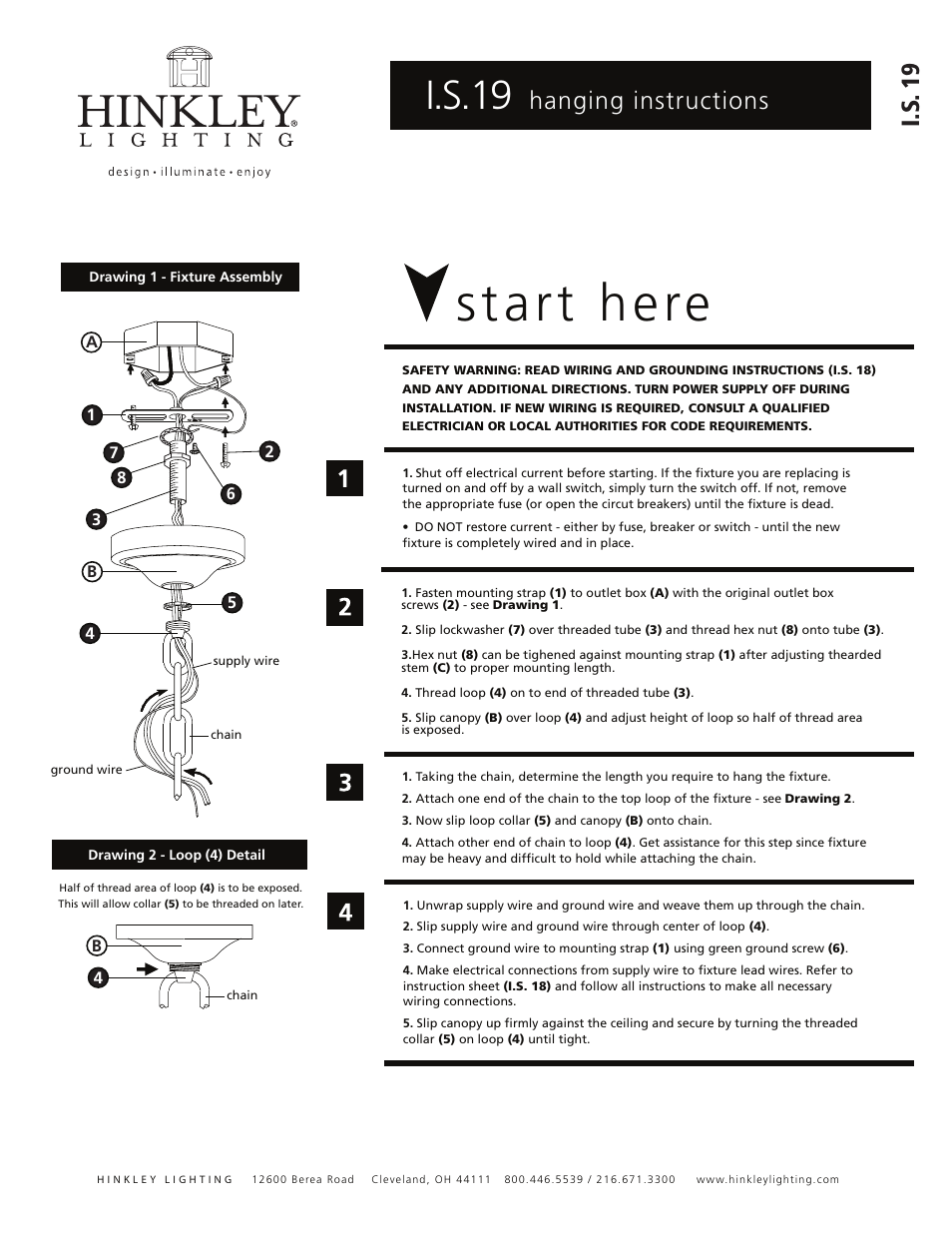 Start here, I.s.19, Hanging instructions i.s . 19 | Hinkley Lighting WHITNEY 4613BN User Manual | Page 2 / 3