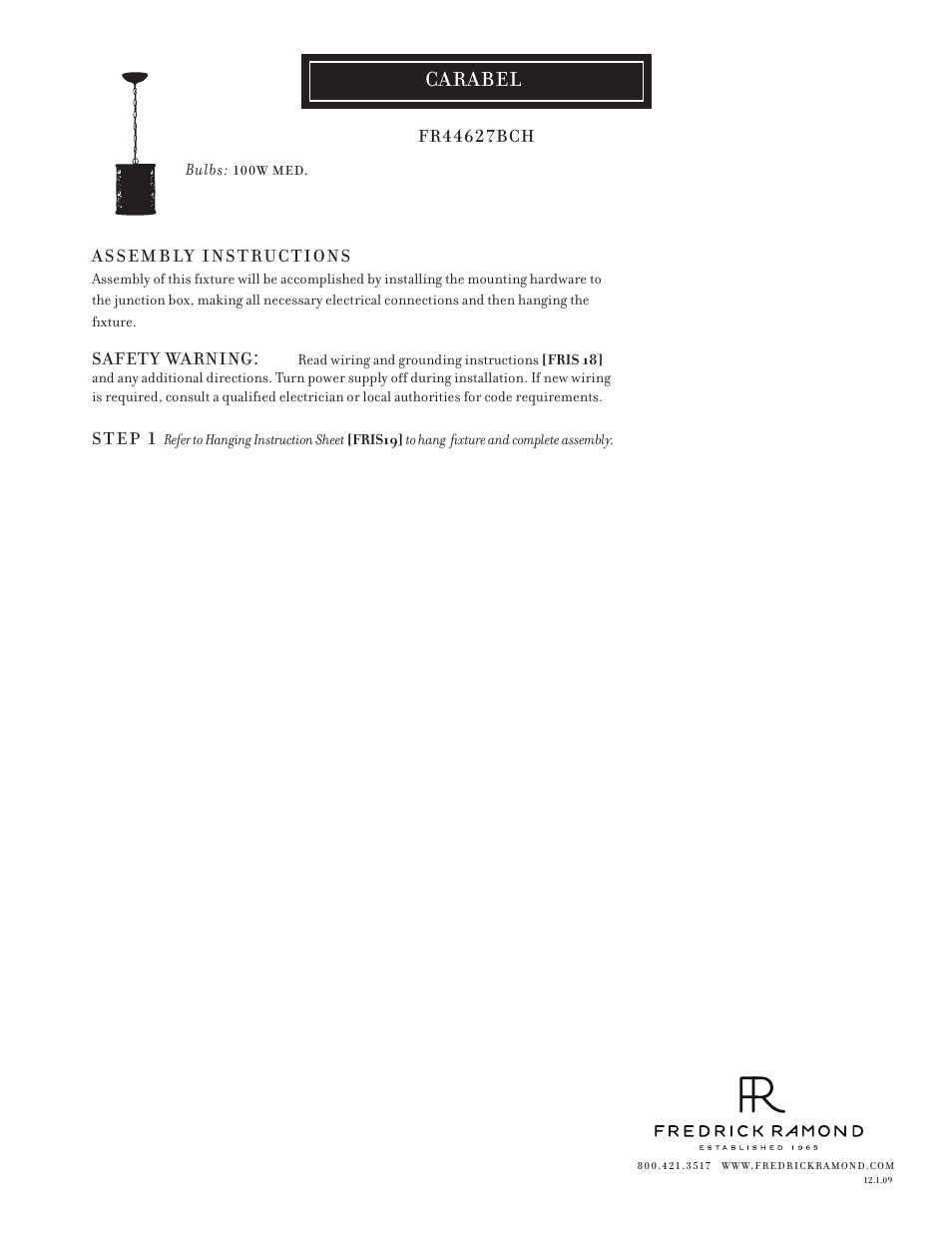 Hinkley Lighting CARABEL FR44627BCH User Manual | 1 page