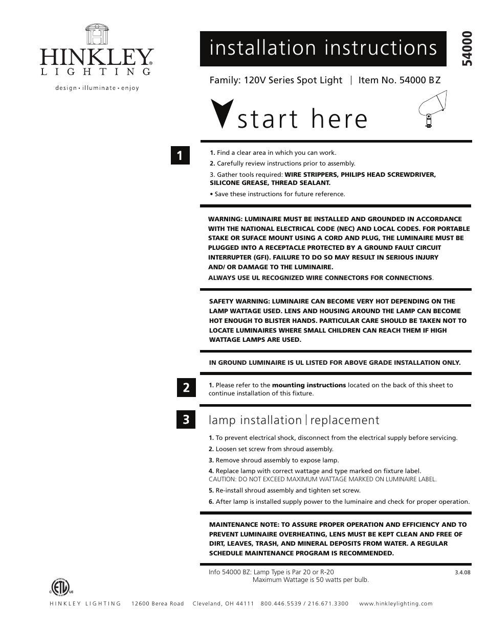 Hinkley Lighting 75W SM. SPOT LIGHT 54000 User Manual | 2 pages