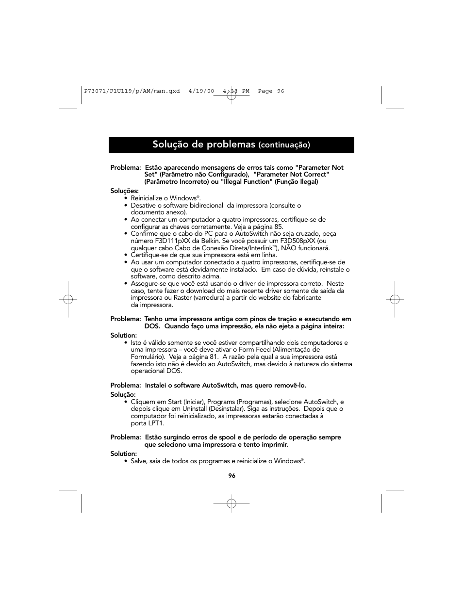 Solução de problemas | Belkin F1U119 User Manual | Page 100 / 108