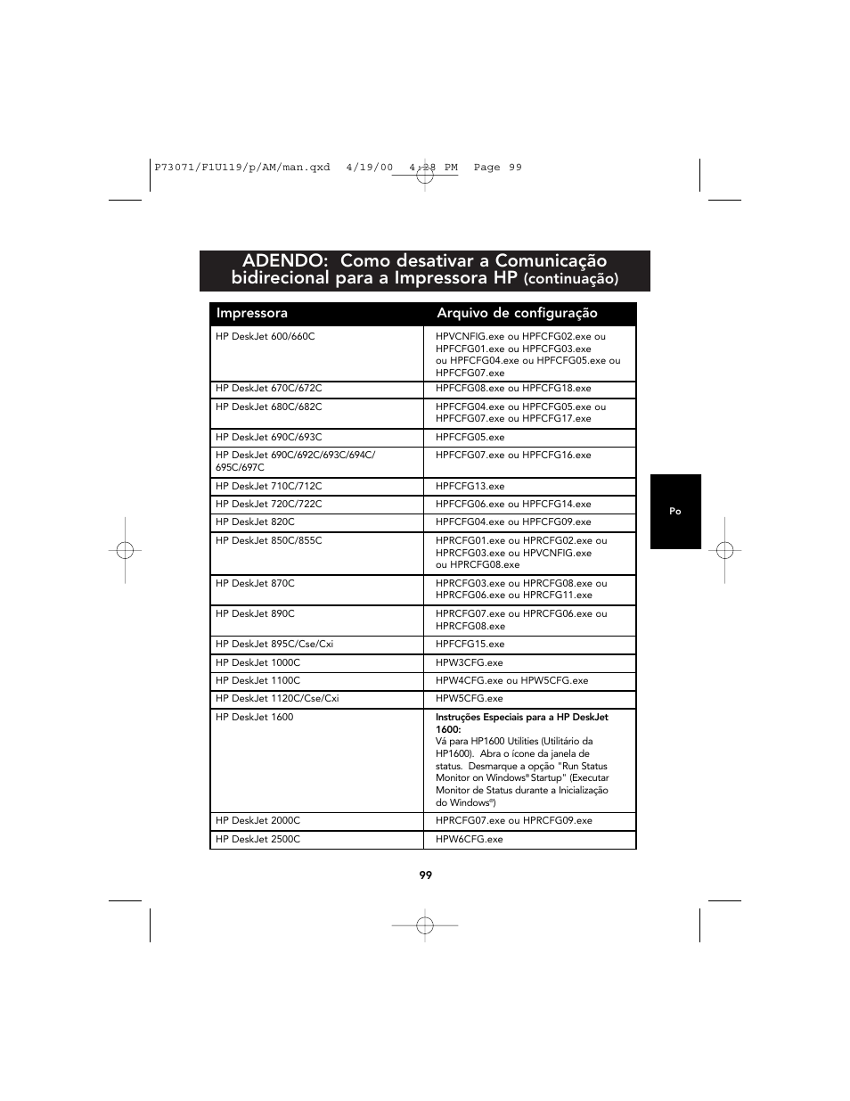 Continuação), Impressora arquivo de configuração | Belkin F1U119 User Manual | Page 103 / 108