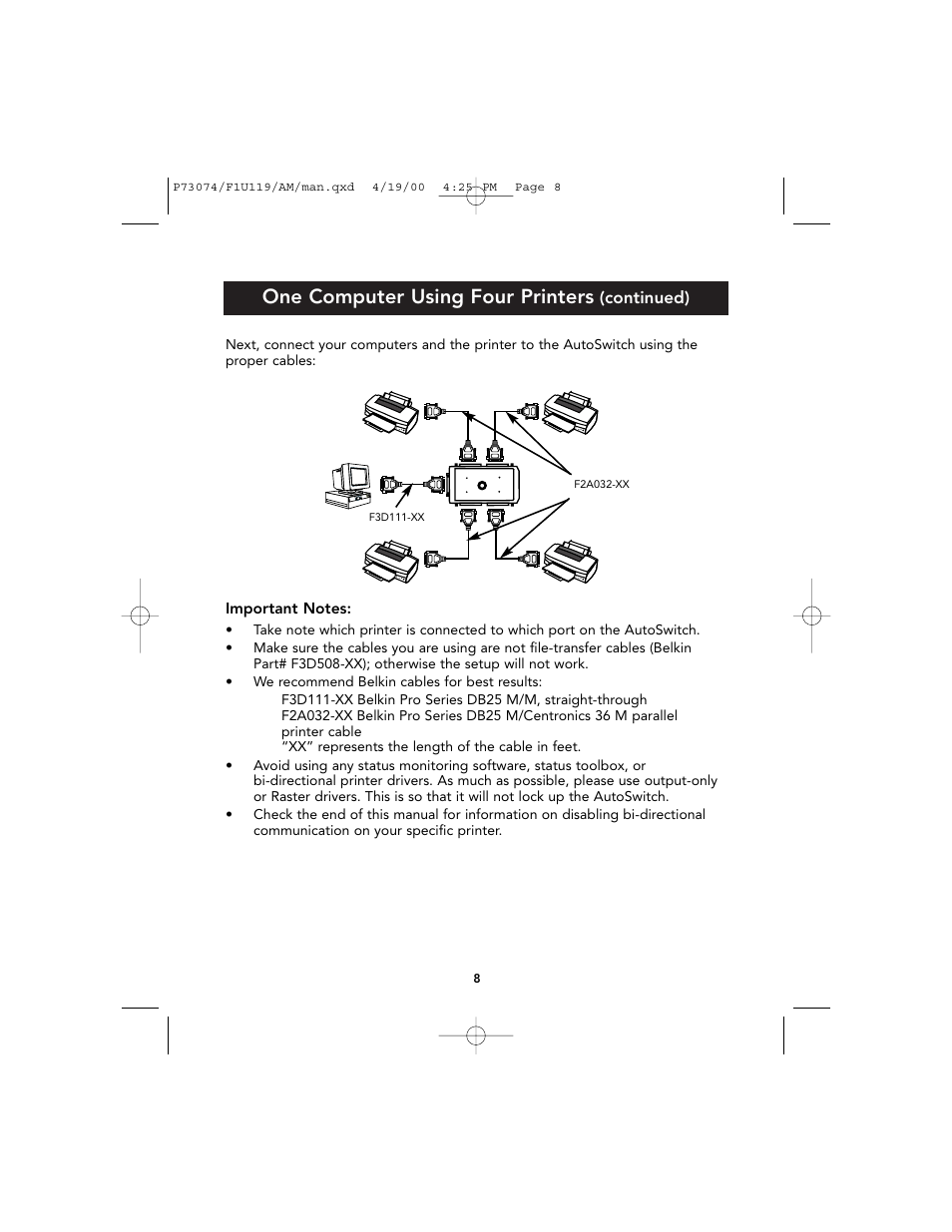 One computer using four printers | Belkin F1U119 User Manual | Page 12 / 108