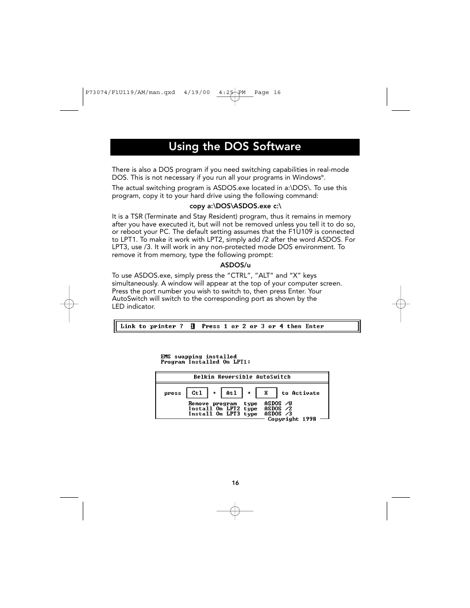 Using the dos software | Belkin F1U119 User Manual | Page 20 / 108