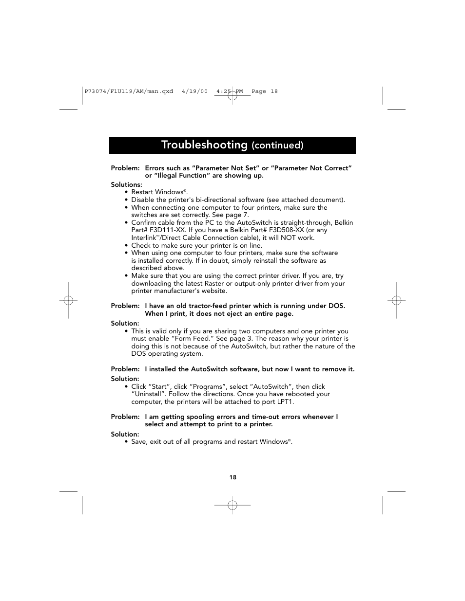 Troubleshooting, Continued) | Belkin F1U119 User Manual | Page 22 / 108