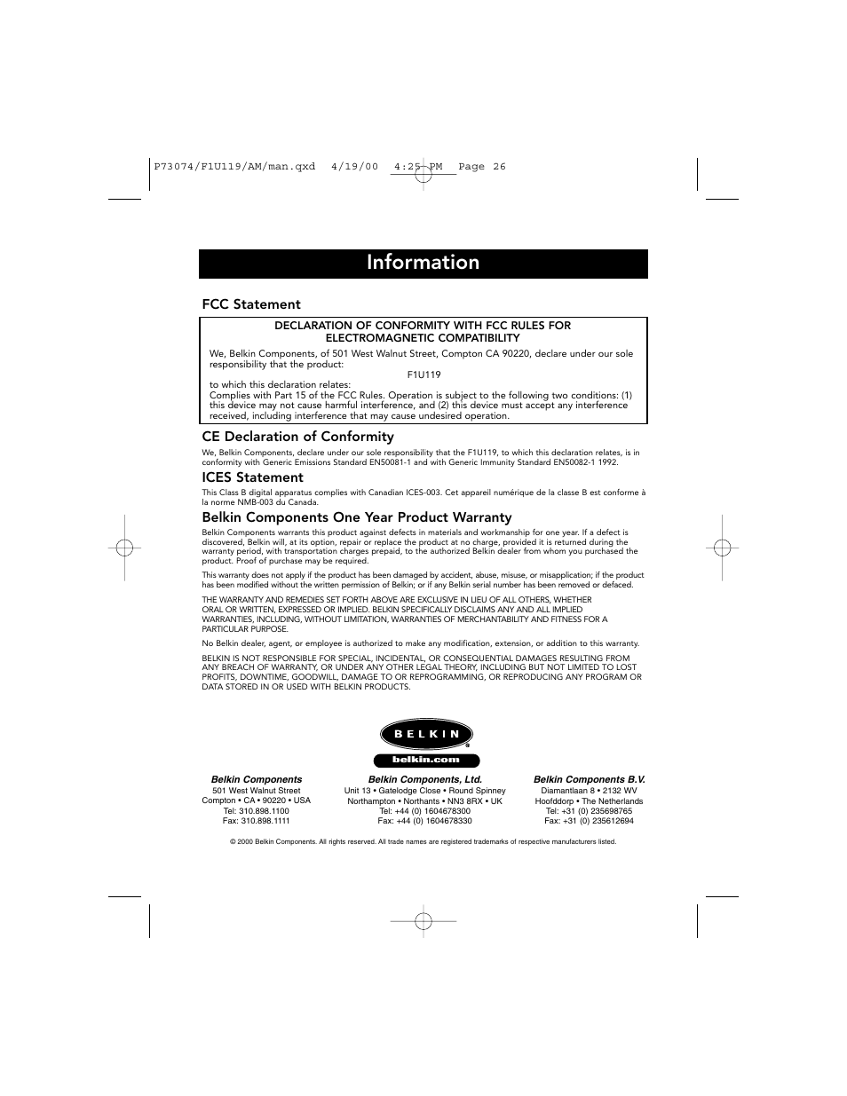 Information, Fcc statement, Ce declaration of conformity | Ices statement, Belkin components one year product warranty | Belkin F1U119 User Manual | Page 30 / 108