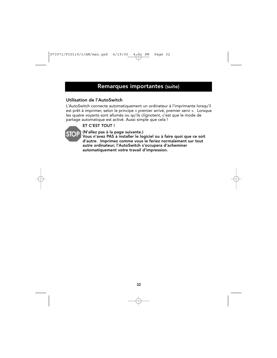 Remarques importantes | Belkin F1U119 User Manual | Page 36 / 108