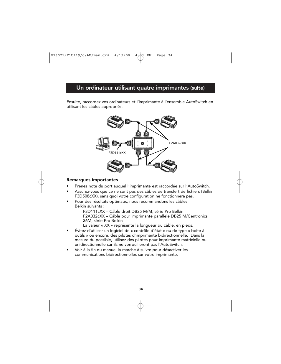 Un ordinateur utilisant quatre imprimantes | Belkin F1U119 User Manual | Page 38 / 108