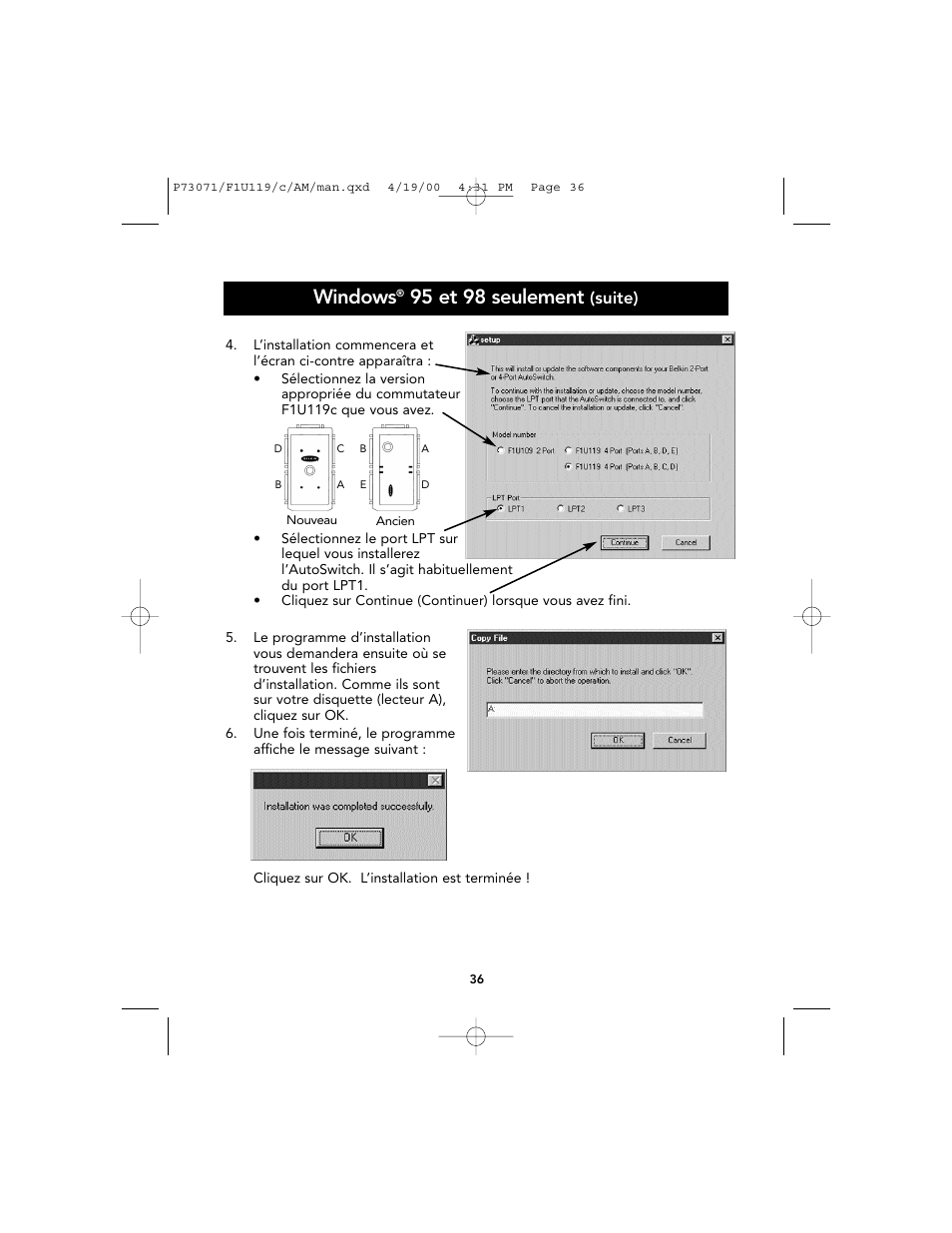 Windows, 95 et 98 seulement, Suite) | Belkin F1U119 User Manual | Page 40 / 108